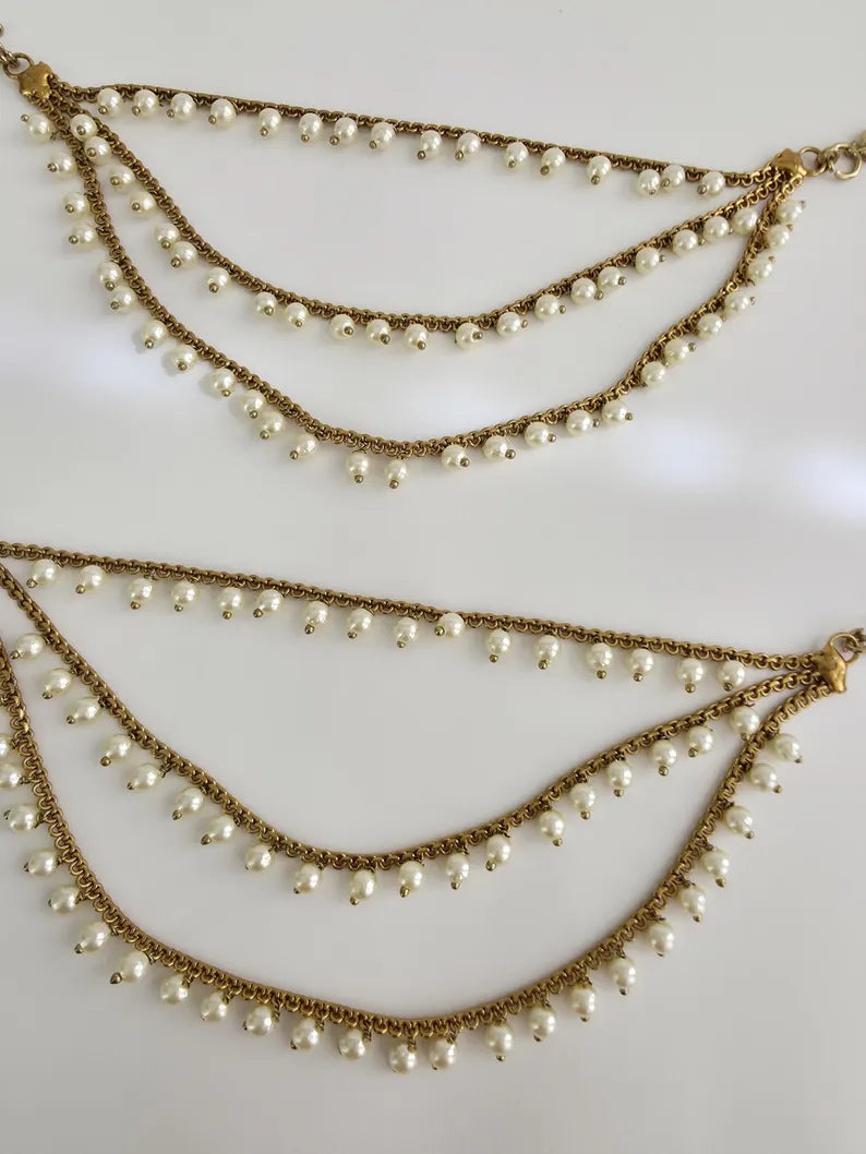 Antique dull Gold pearl Ear Chain/Sahare/Pearl kaan chain/Earring support chain/Indian Jewelry/Pakistani Jewelry/Bahubali Kaan sahara