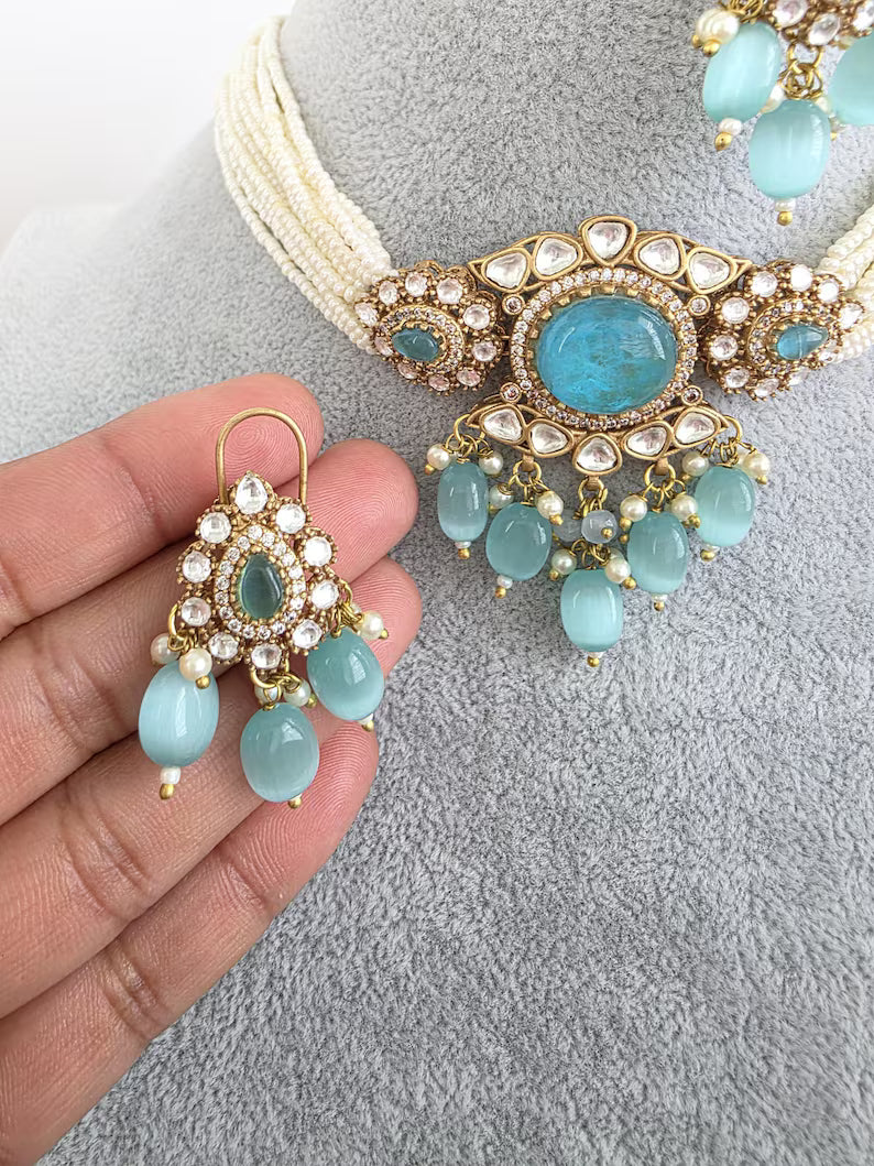 Aqua Blue Doublet Moissanite Pearl Kundan Necklace/Kundan Choker/Bollywood Jewelry/Indian wedding/Bridal jewelry/Pakistani/Punjabi