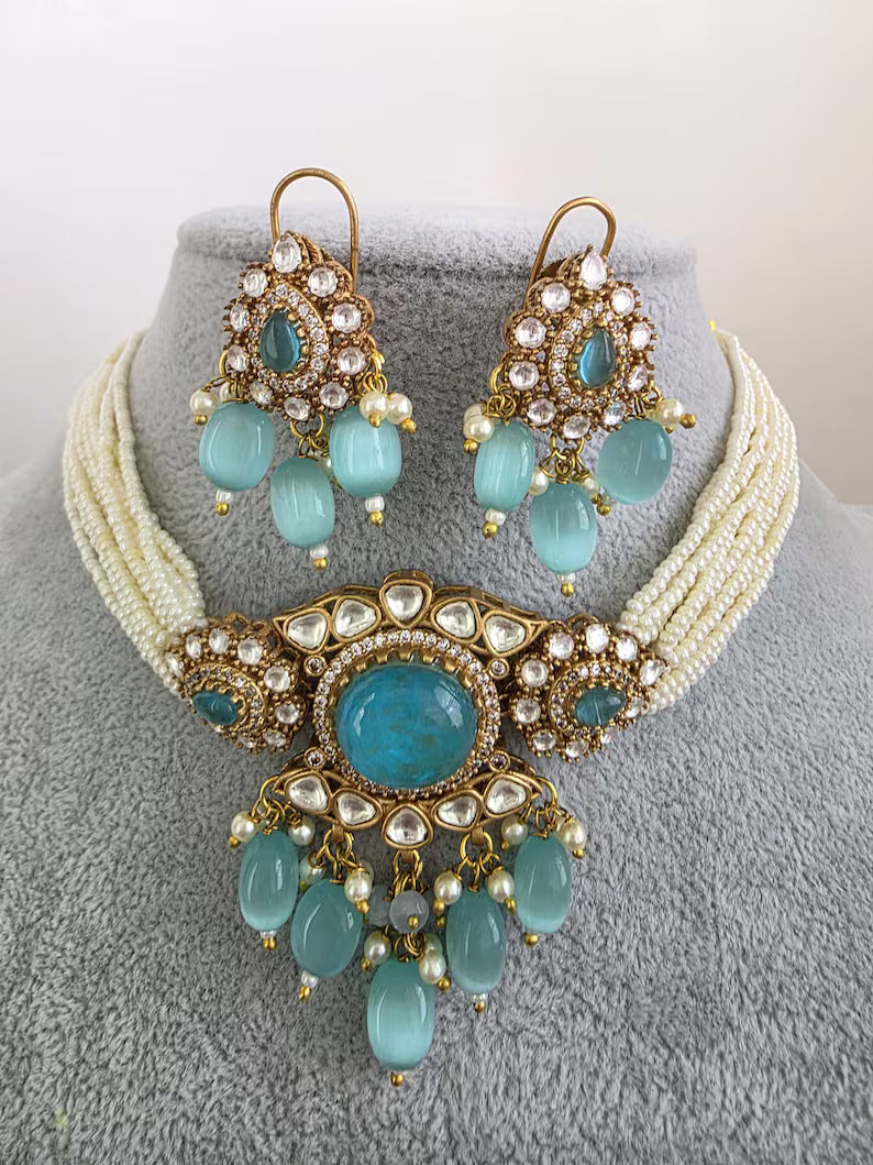 Aqua Blue Doublet Moissanite Pearl Kundan Necklace/Kundan Choker/Bollywood Jewelry/Indian wedding/Bridal jewelry/Pakistani/Punjabi
