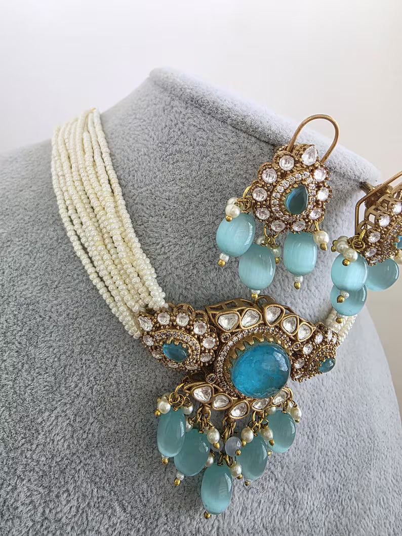 Aqua Blue Doublet Moissanite Pearl Kundan Necklace/Kundan Choker/Bollywood Jewelry/Indian wedding/Bridal jewelry/Pakistani/Punjabi