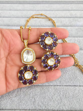 Purple Moissanite Uncut Polki Kundan chain Pendant Necklace/Gold Long necklace/Mala/Indian wedding, Pearl necklace, Bollywood Gift for her