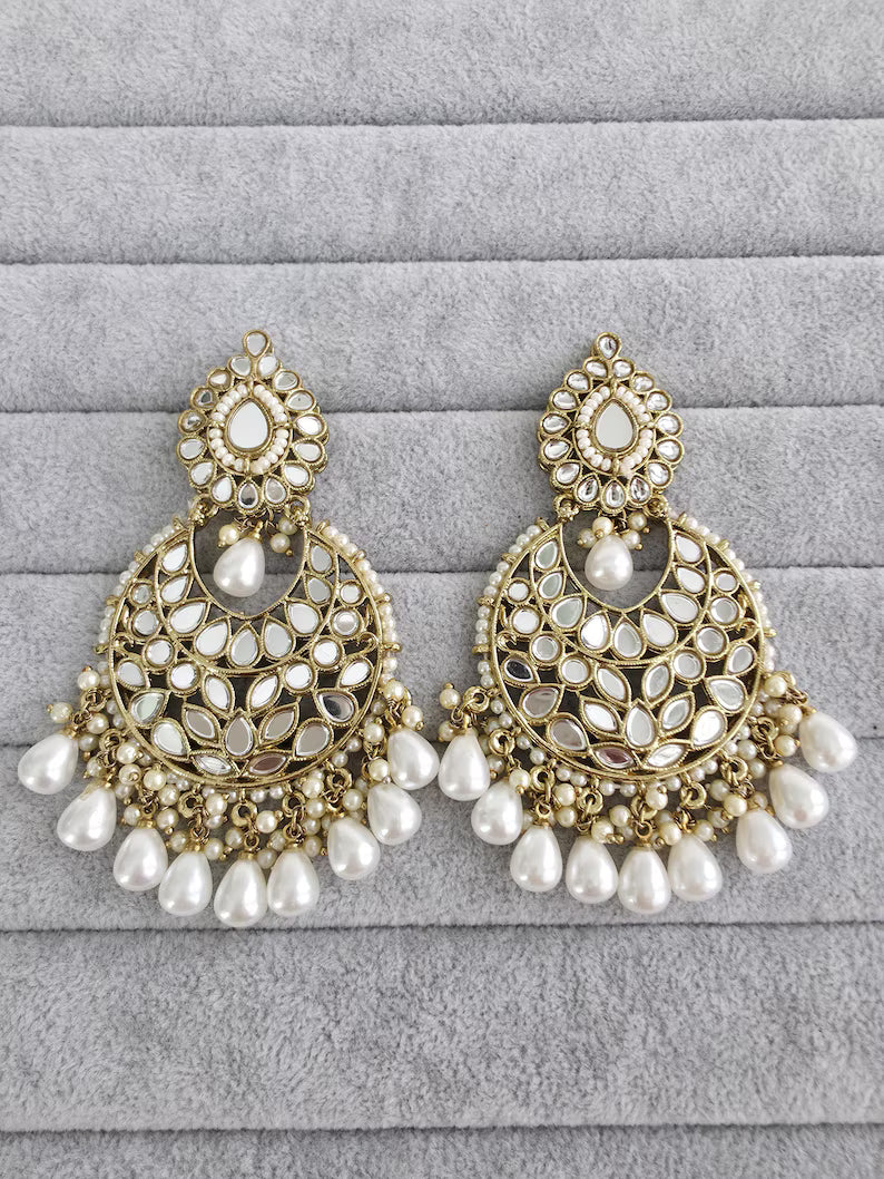 Bollywood oversized Mirror Chandbali Earrings/Indian Earrings/pearl Earring/Pakistani/Statement/Long chandelier/bridal/Indian wedding