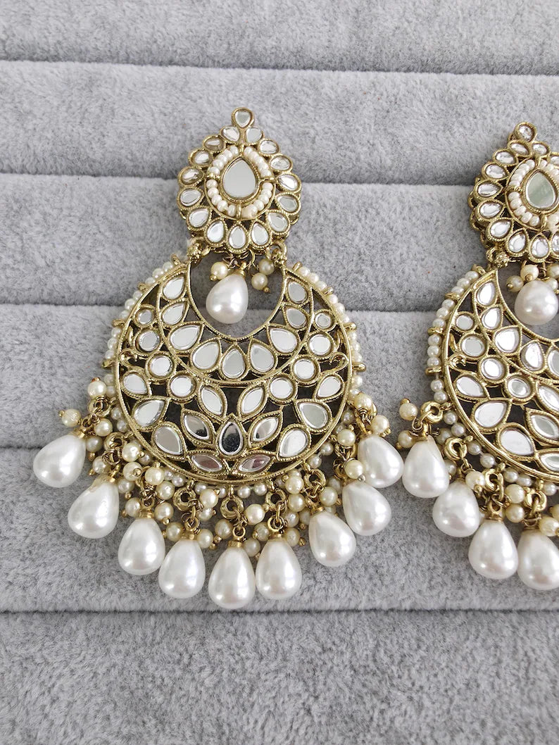 Bollywood oversized Mirror Chandbali Earrings/Indian Earrings/pearl Earring/Pakistani/Statement/Long chandelier/bridal/Indian wedding