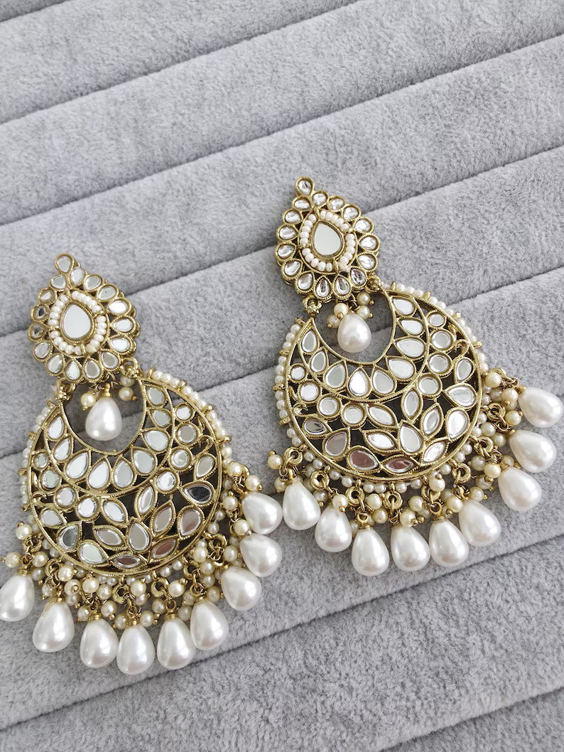 Bollywood oversized Mirror Chandbali Earrings/Indian Earrings/pearl Earring/Pakistani/Statement/Long chandelier/bridal/Indian wedding
