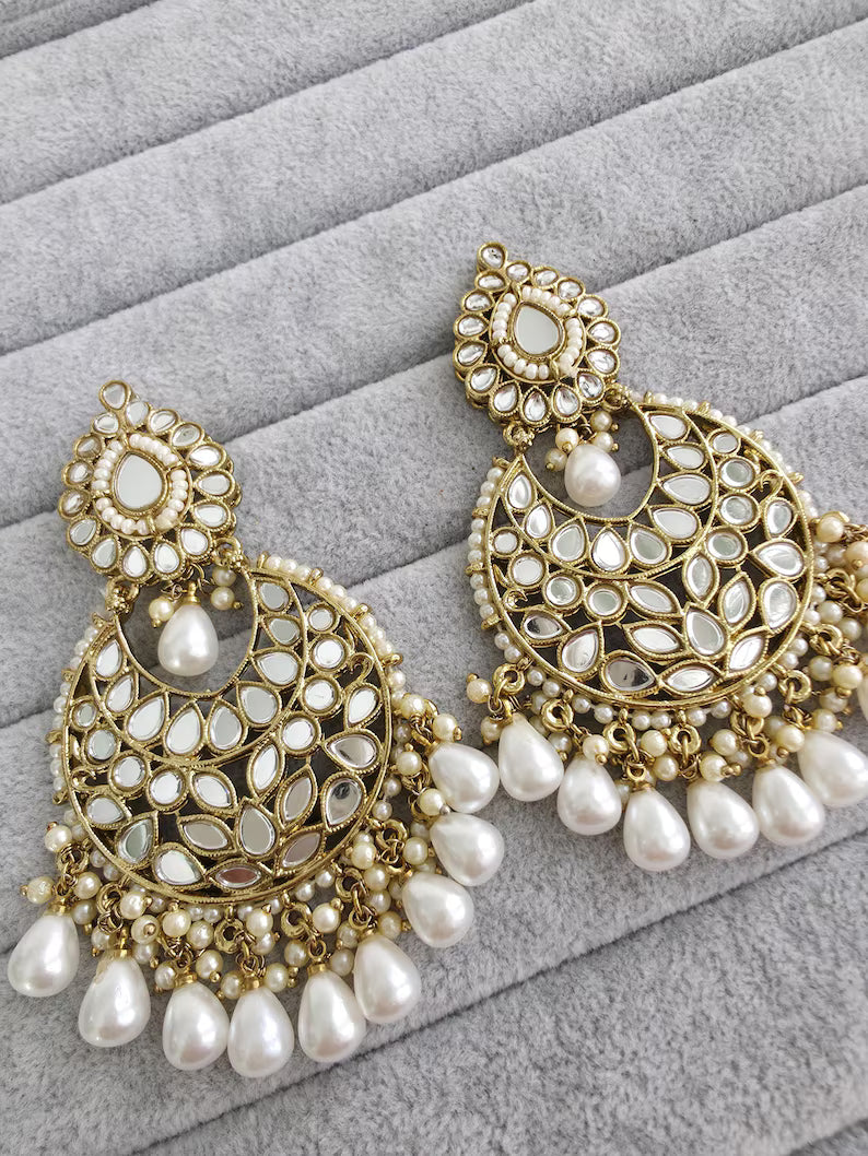 Bollywood oversized Mirror Chandbali Earrings/Indian Earrings/pearl Earring/Pakistani/Statement/Long chandelier/bridal/Indian wedding