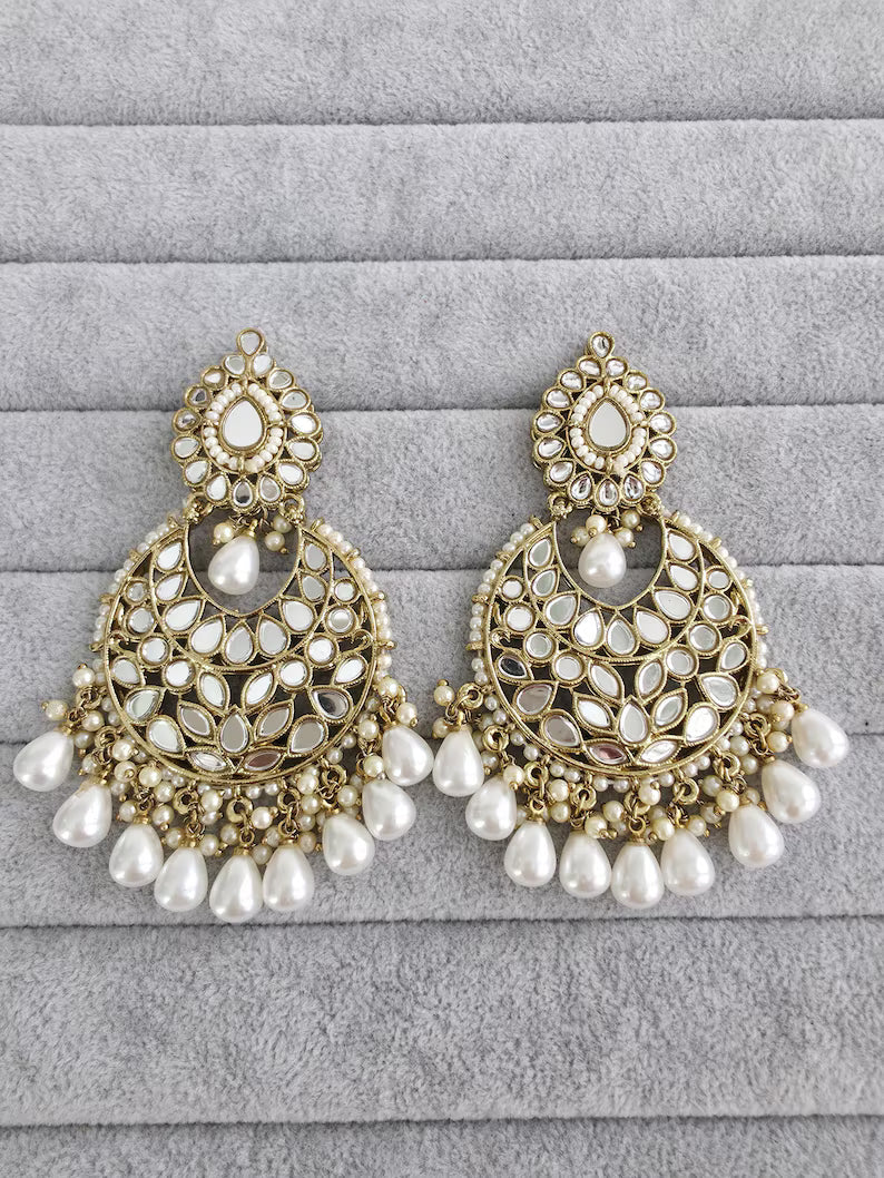 Bollywood oversized Mirror Chandbali Earrings/Indian Earrings/pearl Earring/Pakistani/Statement/Long chandelier/bridal/Indian wedding