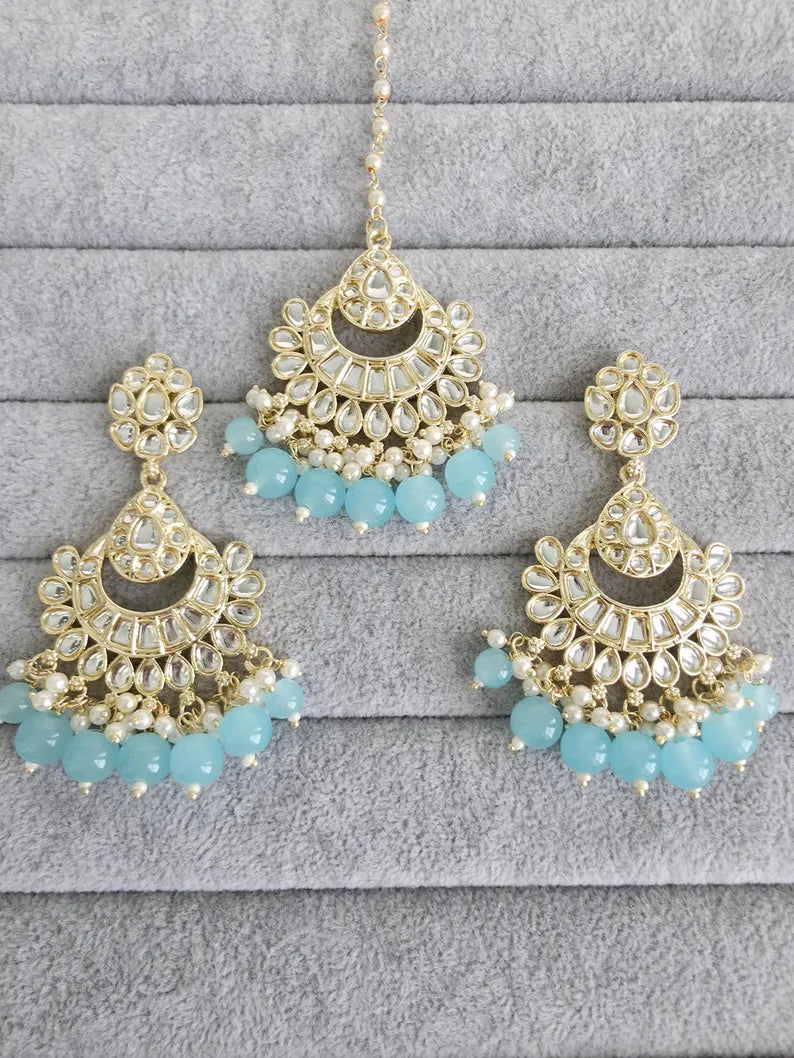 Aqua Blue Gold Kundan Tikka w/Earring Set/ Indian Bridal Maang Tikka /Teeka Tika Headpiece Handmade Pearl Jewelry For Women Bollywood