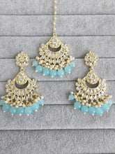 Aqua Blue Gold Kundan Tikka w/Earring Set/ Indian Bridal Maang Tikka /Teeka Tika Headpiece Handmade Pearl Jewelry For Women Bollywood
