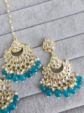 Rama Blue Gold Kundan Tikka w/Earring Set/ Indian Bridal Maang Tikka /Teeka Tika Headpiece Handmade Pearl Jewelry For Women Bollywood