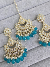 Rama Blue Gold Kundan Tikka w/Earring Set/ Indian Bridal Maang Tikka /Teeka Tika Headpiece Handmade Pearl Jewelry For Women Bollywood