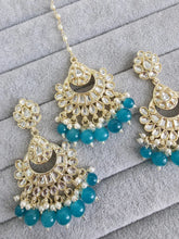 Rama Blue Gold Kundan Tikka w/Earring Set/ Indian Bridal Maang Tikka /Teeka Tika Headpiece Handmade Pearl Jewelry For Women Bollywood