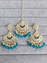 Rama Blue Gold Kundan Tikka w/Earring Set/ Indian Bridal Maang Tikka /Teeka Tika Headpiece Handmade Pearl Jewelry For Women Bollywood