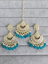 Rama Blue Gold Kundan Tikka w/Earring Set/ Indian Bridal Maang Tikka /Teeka Tika Headpiece Handmade Pearl Jewelry For Women Bollywood