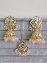 Pink Gold Kundan Tikka w/Earring Set/ Indian Bridal Maang Tikka /Teeka Tika Headpiece Handmade Pearl Jewelry For Women Bollywood