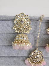 Pink Gold Kundan Tikka w/Earring Set/ Indian Bridal Maang Tikka /Teeka Tika Headpiece Handmade Pearl Jewelry For Women Bollywood