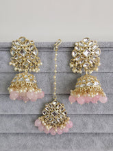 Pink Gold Kundan Tikka w/Earring Set/ Indian Bridal Maang Tikka /Teeka Tika Headpiece Handmade Pearl Jewelry For Women Bollywood