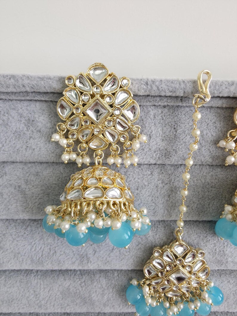 Aqua Blue Gold Kundan Tikka w/Earring Set/ Indian Bridal Maang Tikka /Teeka Tika Headpiece Handmade Pearl Jewelry For Women Bollywood