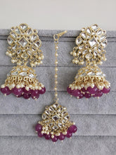 Purple Gold Kundan Tikka w/Earring Set/ Indian Bridal Maang Tikka /Teeka Tika Headpiece Handmade Pearl Jewelry For Women Bollywood