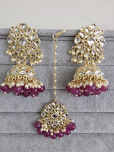 Purple Gold Kundan Tikka w/Earring Set/ Indian Bridal Maang Tikka /Teeka Tika Headpiece Handmade Pearl Jewelry For Women Bollywood
