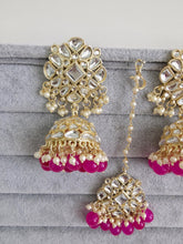 Hot Pink Gold Kundan Tikka w/Earring Set/ Indian Bridal Maang Tikka /Teeka Tika Headpiece Handmade Pearl Jewelry For Women Bollywood