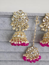 Hot Pink Gold Kundan Tikka w/Earring Set/ Indian Bridal Maang Tikka /Teeka Tika Headpiece Handmade Pearl Jewelry For Women Bollywood