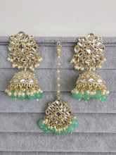 Mint Green Gold Kundan Tikka w/Earring Set/ Indian Bridal Maang Tikka /Teeka Tika Headpiece Handmade Pearl Jewelry For Women Bollywood