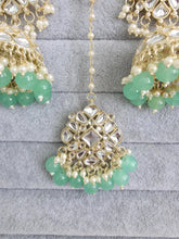 Mint Green Gold Kundan Tikka w/Earring Set/ Indian Bridal Maang Tikka /Teeka Tika Headpiece Handmade Pearl Jewelry For Women Bollywood