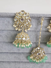 Mint Green Gold Kundan Tikka w/Earring Set/ Indian Bridal Maang Tikka /Teeka Tika Headpiece Handmade Pearl Jewelry For Women Bollywood