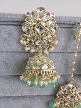 Mint Green Gold Kundan Tikka w/Earring Set/ Indian Bridal Maang Tikka /Teeka Tika Headpiece Handmade Pearl Jewelry For Women Bollywood