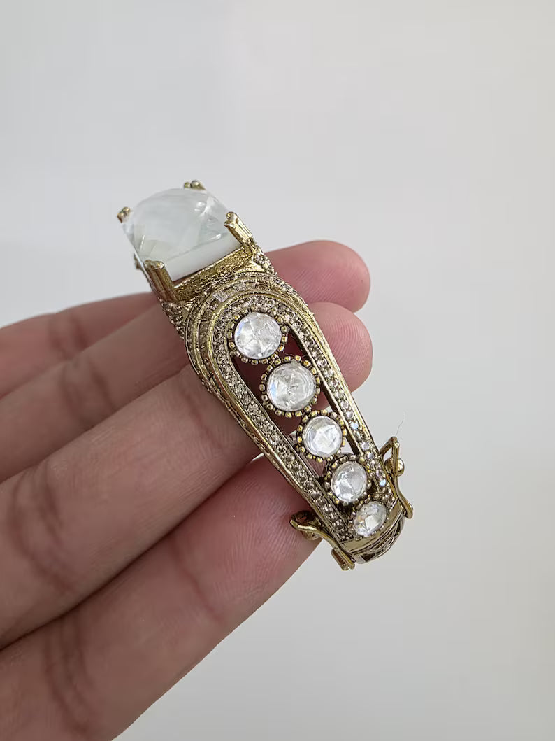 White Fire Stone Victorian Moissanite Polki openable bracelets,Single Bangle, bridesmaid gifts,Indian Pakistani Jewelry, Indian wedding,Gift
