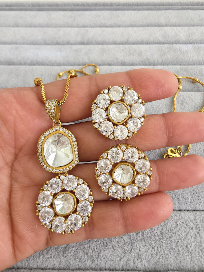 White Moissanite Uncut Polki Kundan chain Pendant Necklace/Gold Long necklace/Mala/Indian wedding, Pearl necklace, Bollywood Gift for her