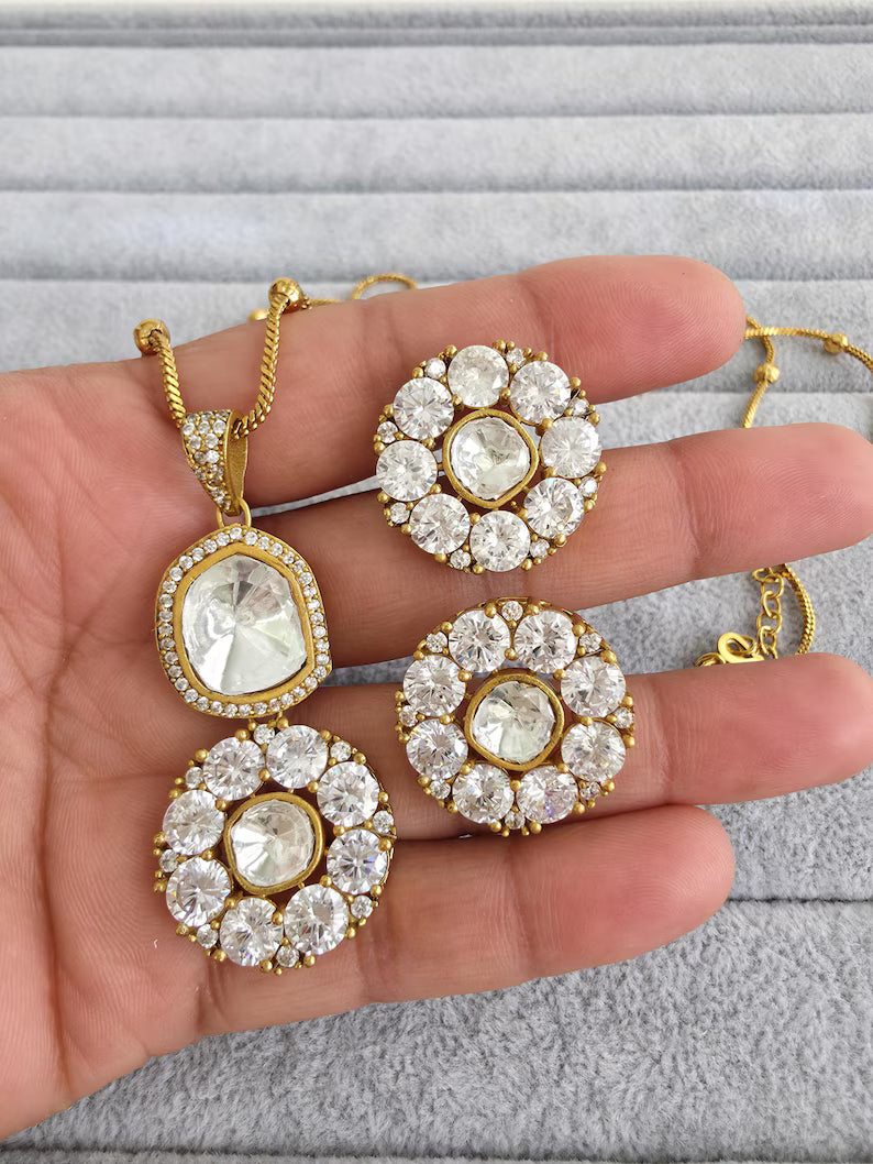 White Moissanite Uncut Polki Kundan chain Pendant Necklace/Gold Long necklace/Mala/Indian wedding, Pearl necklace, Bollywood Gift for her