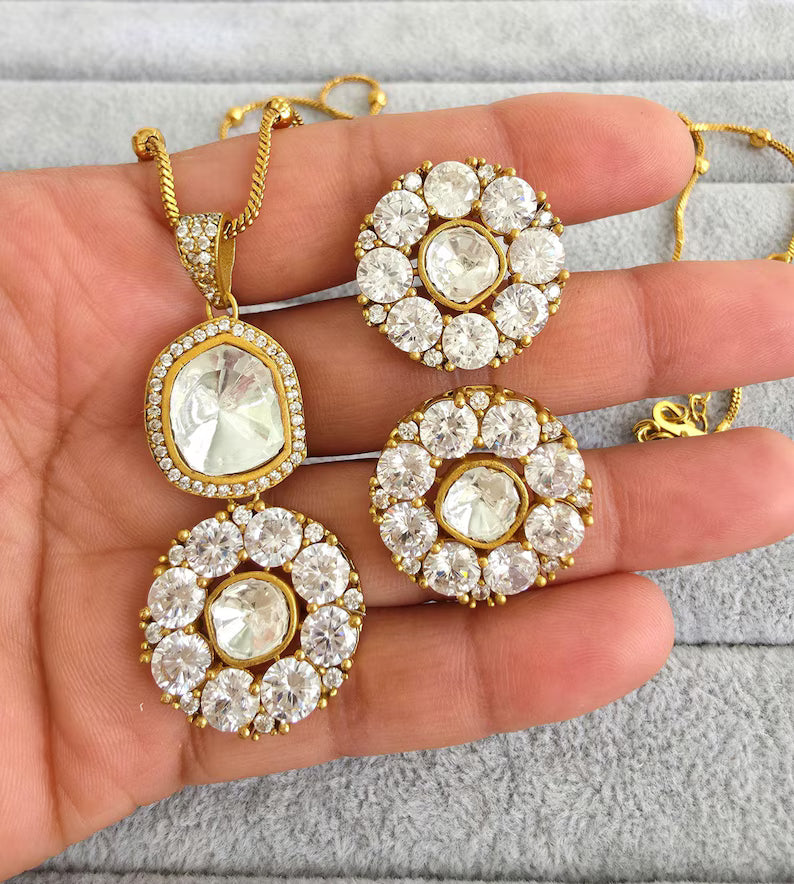 White Moissanite Uncut Polki Kundan chain Pendant Necklace/Gold Long necklace/Mala/Indian wedding, Pearl necklace, Bollywood Gift for her