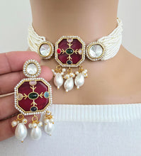 Red Heritage Victorian moissanite polki Kundan choker Necklace, Inlay work Indian Bridal Jewelry, Bollywood, Indian Pakistani Necklace