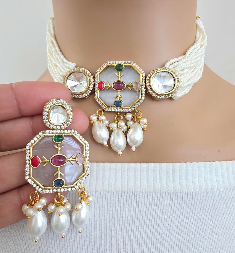 White Heritage Victorian moissanite polki Kundan choker Necklace, Inlay work Indian Bridal Jewelry, Bollywood, Indian Pakistani Necklace