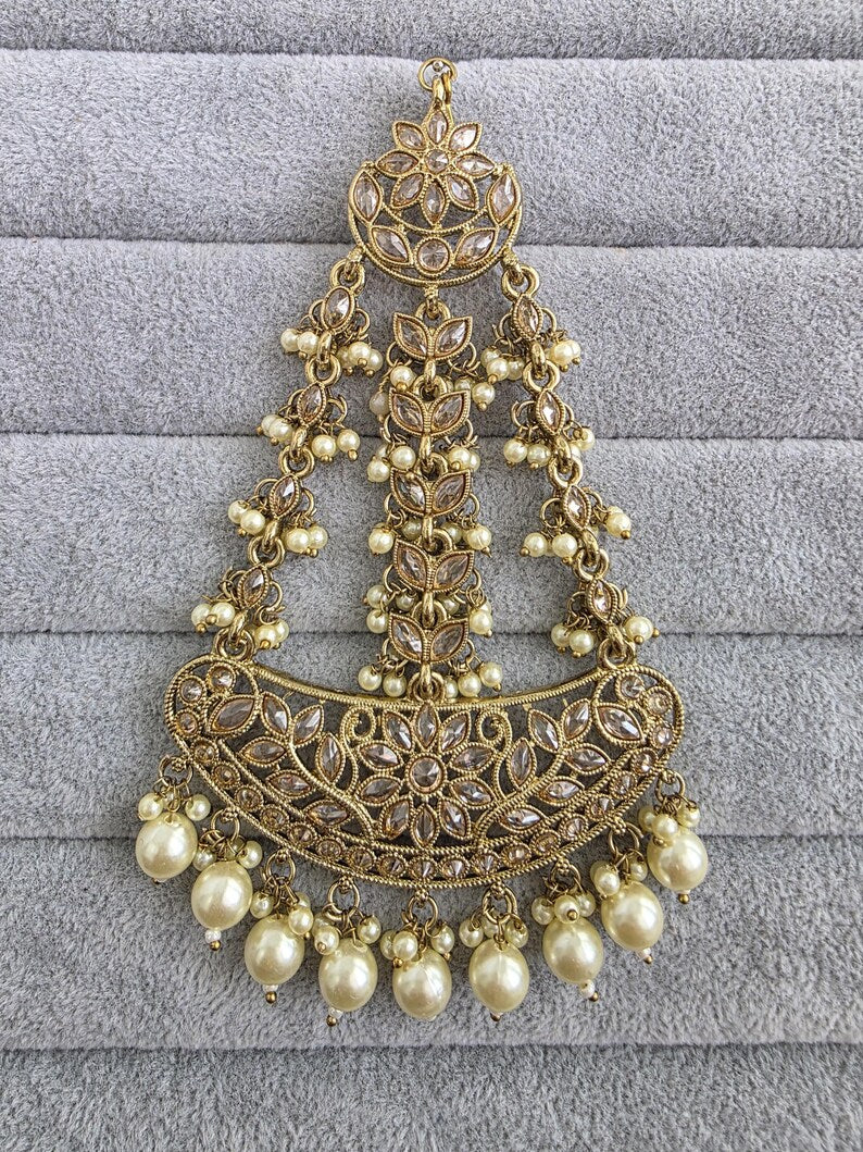 Antique Dull Gold Polki Pearl Passa, Jhoomer, Side tikka Indian Punjabi Pakistani wedding jewelry, jewelry, Hair accessories, Bridal Jewelry