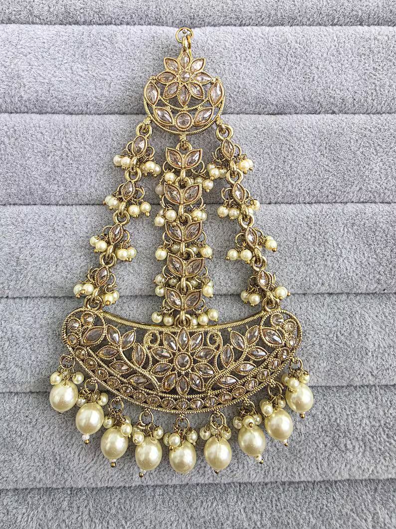 Antique Dull Gold Polki Pearl Passa, Jhoomer, Side tikka Indian Punjabi Pakistani wedding jewelry, jewelry, Hair accessories, Bridal Jewelry