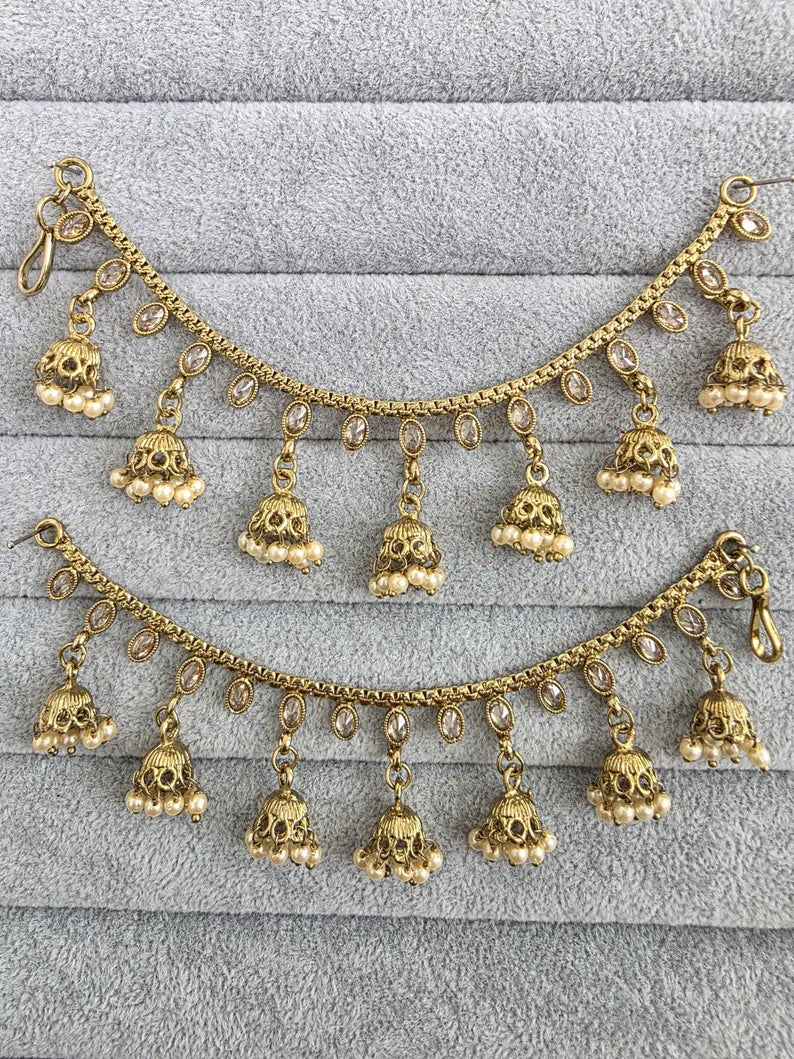 Antique Dull Gold Polki Ear Chain pair/Sahare/Pearl kaan chain/Earring support chain/Indian/Pakistani/Bahubali Earrings/Kaan Sahara 2pcs