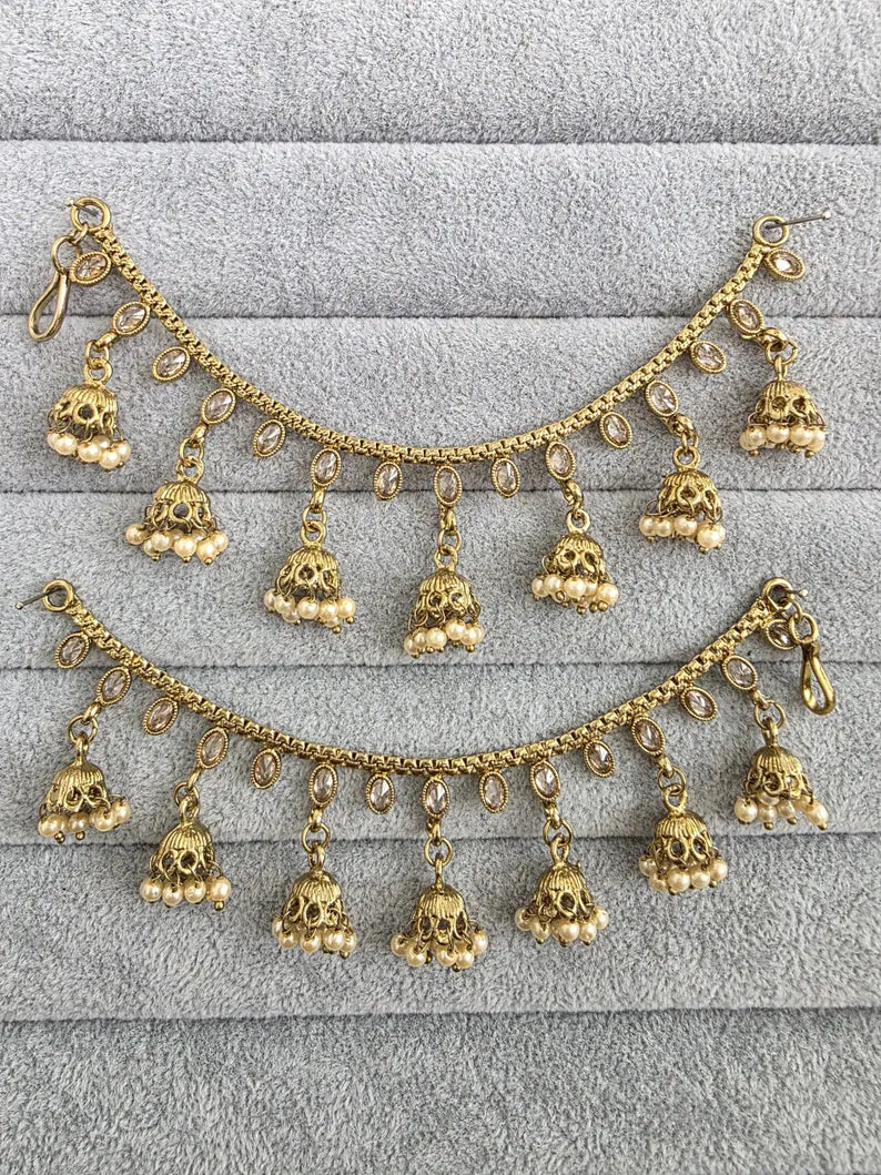 Antique Dull Gold Polki Ear Chain pair/Sahare/Pearl kaan chain/Earring support chain/Indian/Pakistani/Bahubali Earrings/Kaan Sahara 2pcs
