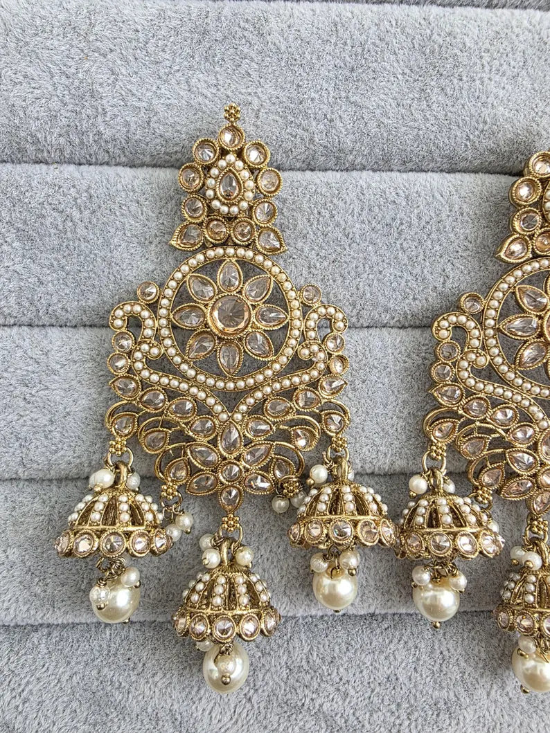 Antique Polki Pearl Stone Kundan Earrings/Long Kundan Stone Chandbali/Indian Earrings/pearl Earring/Pakistani Earrings/Statement Earrings