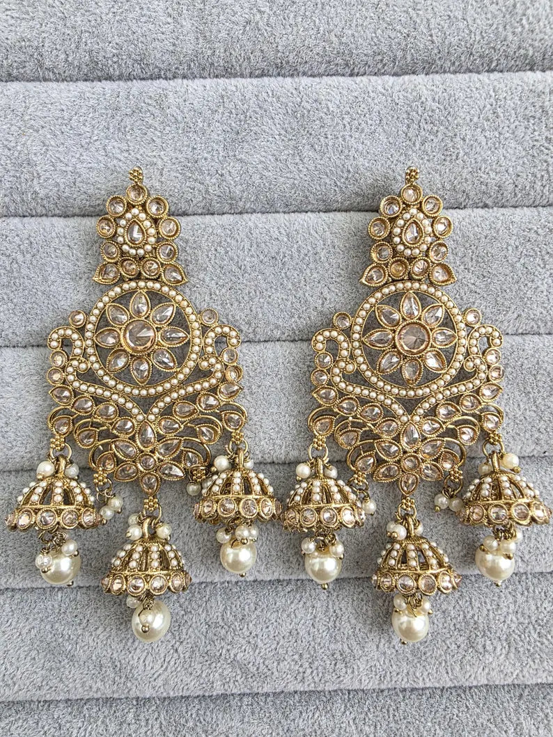Antique Polki Pearl Stone Kundan Earrings/Long Kundan Stone Chandbali/Indian Earrings/pearl Earring/Pakistani Earrings/Statement Earrings