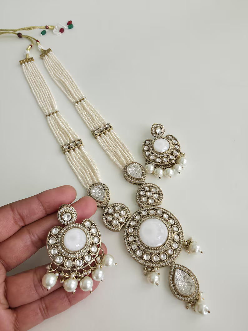 White Pearl Kundan Mala long necklace set/Kundan rani haar/Kundan Mala Set/Multi strand necklace/Indian jewelry/Kundan jewelry, Pakistani