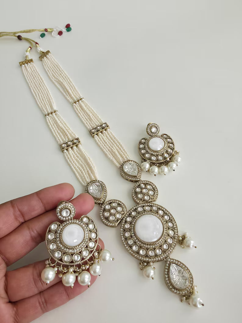 White Pearl Kundan Mala long necklace set/Kundan rani haar/Kundan Mala Set/Multi strand necklace/Indian jewelry/Kundan jewelry, Pakistani