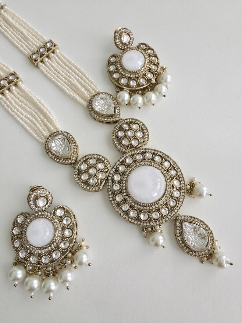 White Pearl Kundan Mala long necklace set/Kundan rani haar/Kundan Mala Set/Multi strand necklace/Indian jewelry/Kundan jewelry, Pakistani