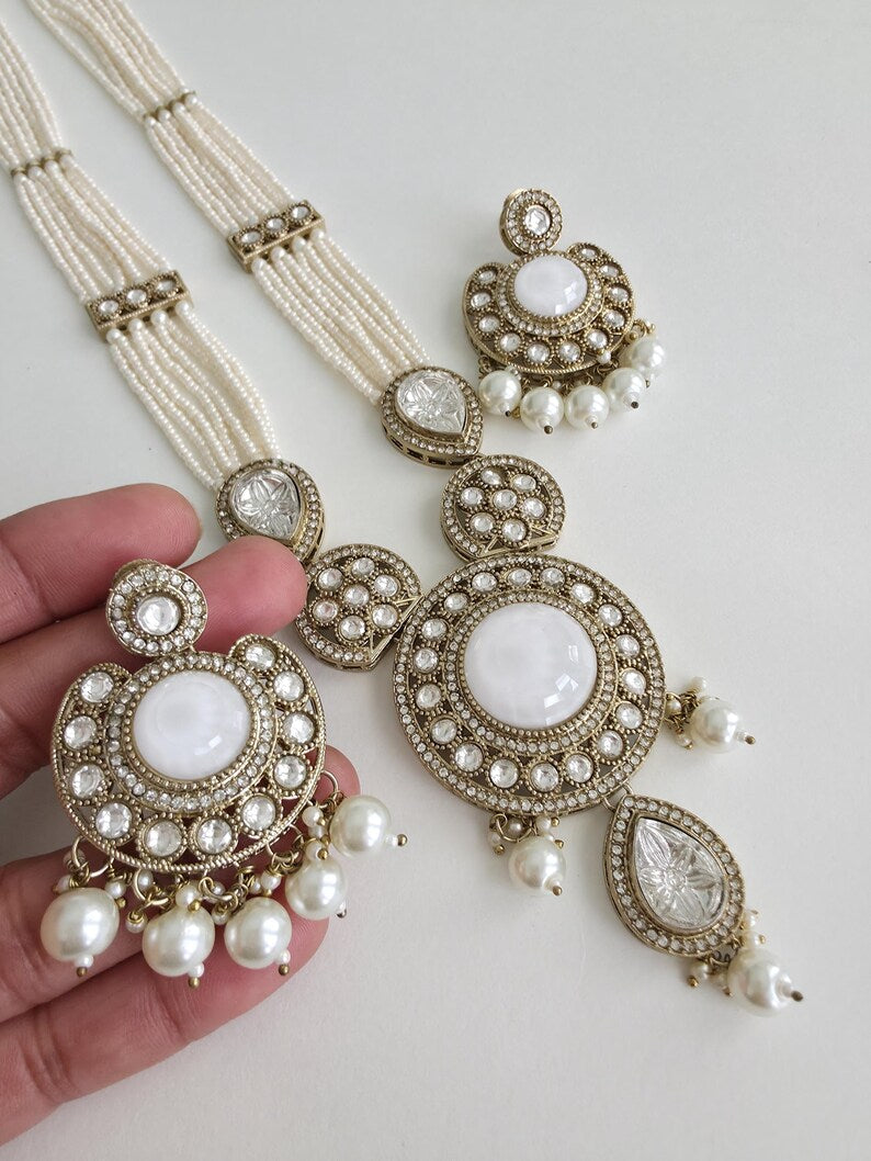 White Pearl Kundan Mala long necklace set/Kundan rani haar/Kundan Mala Set/Multi strand necklace/Indian jewelry/Kundan jewelry, Pakistani