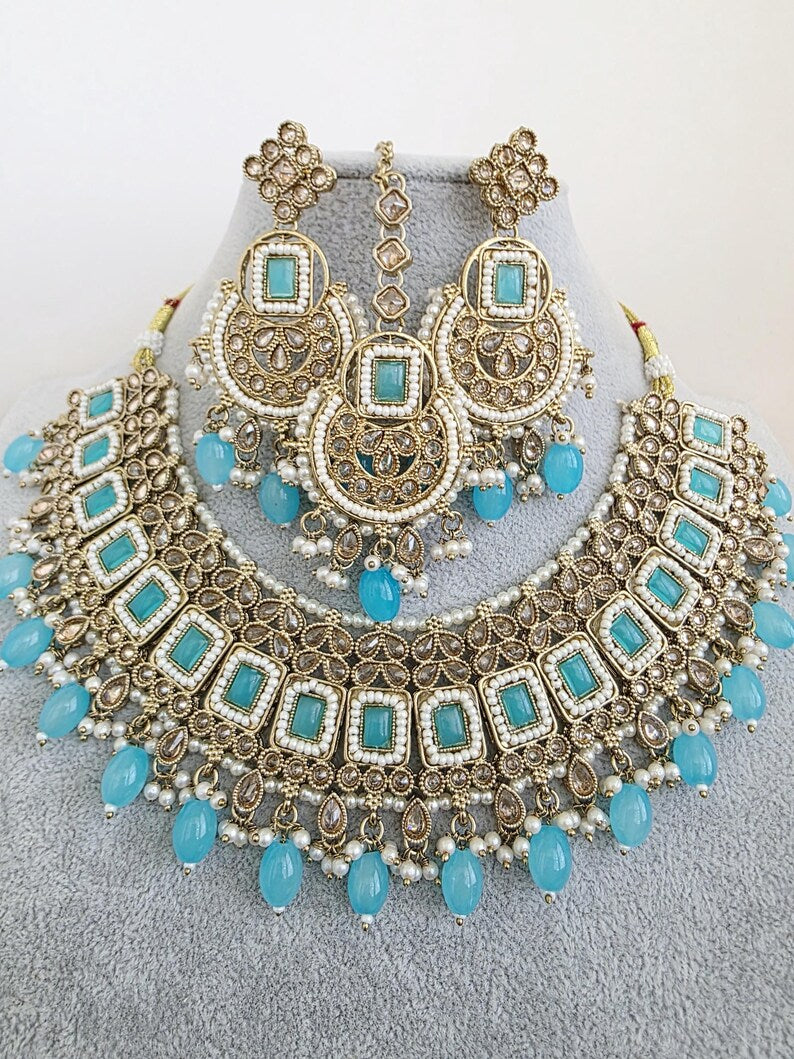 Aqua Blue Antique Polki Kundan necklace set/Reverse Ad Necklace/Statement necklace/Indian/Punjabi Necklace/Pakistani Jewelry/Bridal necklace