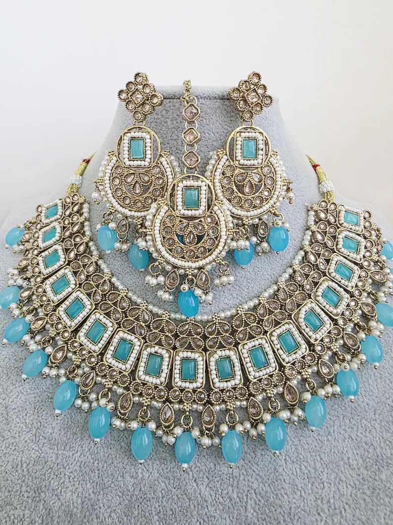 Aqua Blue Antique Polki Kundan necklace set/Reverse Ad Necklace/Statement necklace/Indian/Punjabi Necklace/Pakistani Jewelry/Bridal necklace