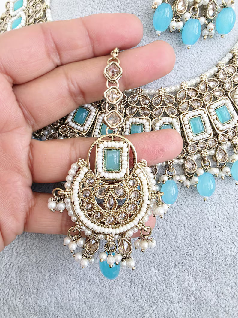 Aqua Blue Antique Polki Kundan necklace set/Reverse Ad Necklace/Statement necklace/Indian/Punjabi Necklace/Pakistani Jewelry/Bridal necklace