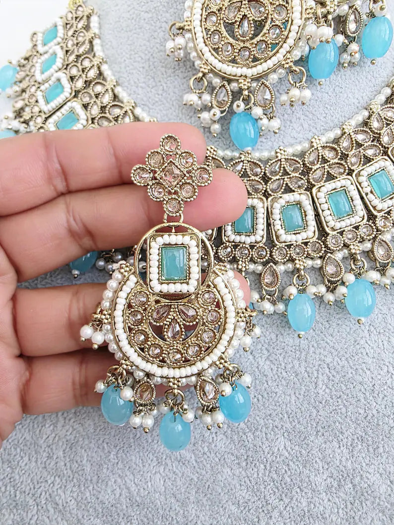 Aqua Blue Antique Polki Kundan necklace set/Reverse Ad Necklace/Statement necklace/Indian/Punjabi Necklace/Pakistani Jewelry/Bridal necklace