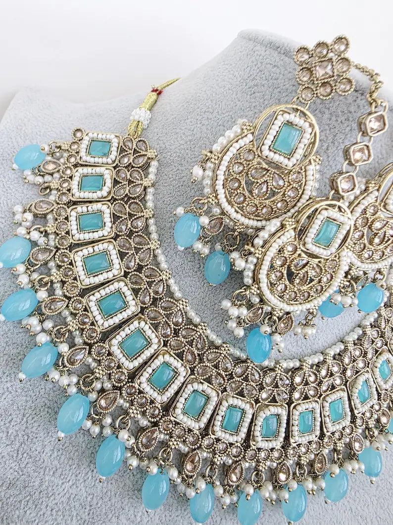 Aqua Blue Antique Polki Kundan necklace set/Reverse Ad Necklace/Statement necklace/Indian/Punjabi Necklace/Pakistani Jewelry/Bridal necklace